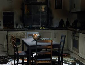 Soot stains on a table and chairs after a house fire